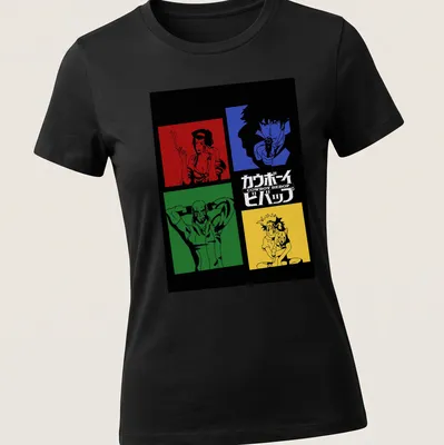 Colorful Cowboy Bebop characters in retro blocks with Japanese text. — printed on a women's shirt