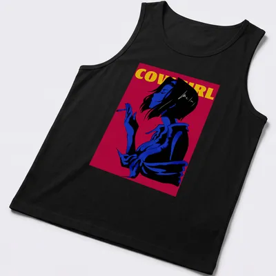 Cowgirl silhouette with bold yellow text on a blue and red background. — printed on a tank top