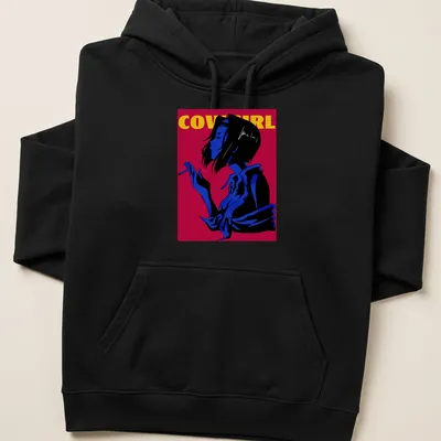 Cowgirl silhouette with bold yellow text on a blue and red background. — printed on a unisex hoodie