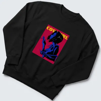 Cowgirl silhouette with bold yellow text on a blue and red background. — printed on a unisex sweatshirt