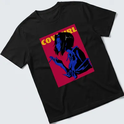 Cowgirl silhouette with bold yellow text on a blue and red background. — printed on a unisex t-shirt