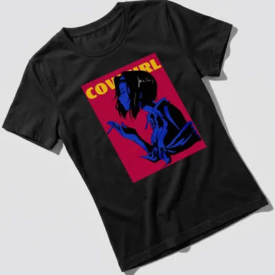 Cowgirl silhouette with bold yellow text on a blue and red background. — printed on a women's shirt