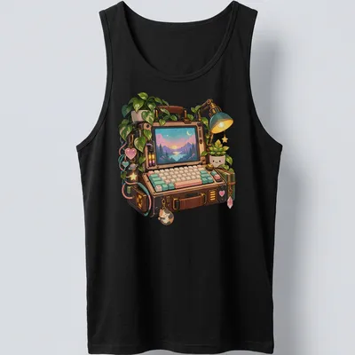 Kawaii illustration of a portable computer surrounded by pastel plants in soft colors — printed on a tank top