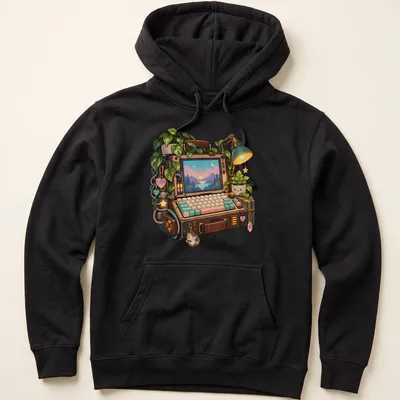 Kawaii illustration of a portable computer surrounded by pastel plants in soft colors — printed on a unisex hoodie