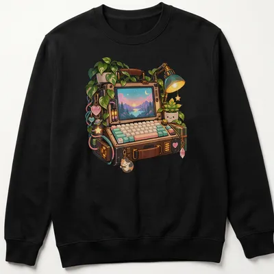 Kawaii illustration of a portable computer surrounded by pastel plants in soft colors — printed on a unisex sweatshirt