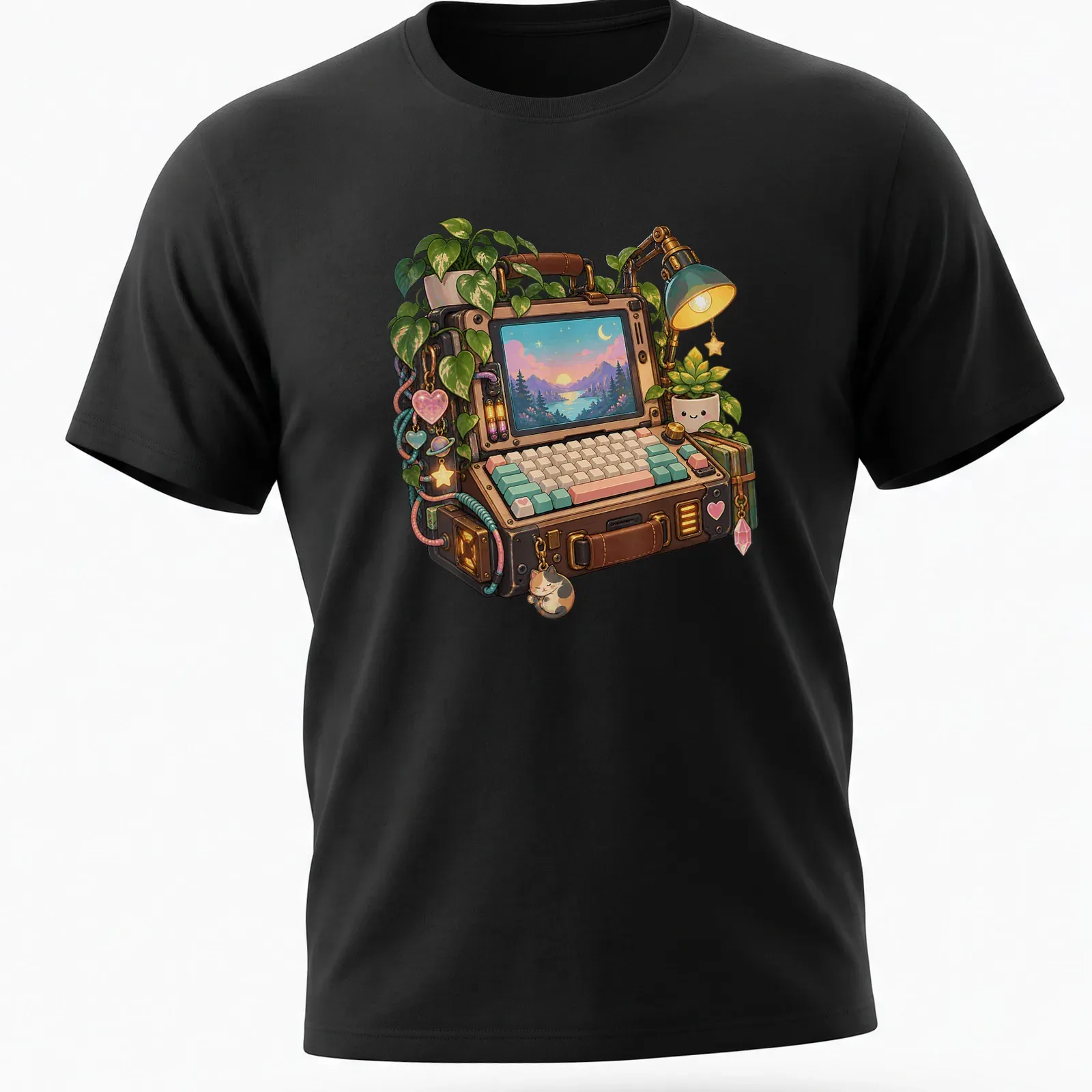 Kawaii illustration of a portable computer surrounded by pastel plants in soft colors — printed on a unisex t-shirt