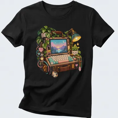 Kawaii illustration of a portable computer surrounded by pastel plants in soft colors — printed on a women's shirt