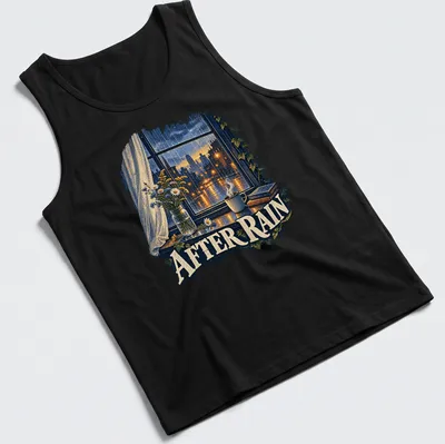 Illustration of a cozy window with flowers and coffee captioned 'After Rain' in soft colors — printed on a tank top