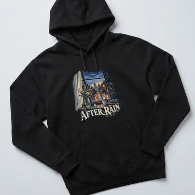 Illustration of a cozy window with flowers and coffee captioned 'After Rain' in soft colors — printed on a unisex hoodie