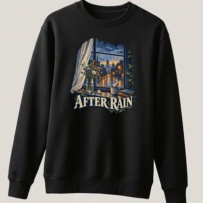 Illustration of a cozy window with flowers and coffee captioned 'After Rain' in soft colors — printed on a unisex sweatshirt