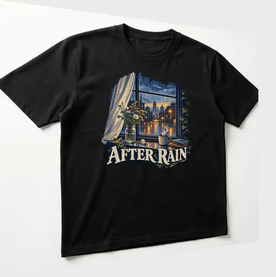 Illustration of a cozy window with flowers and coffee captioned 'After Rain' in soft colors — printed on a unisex t-shirt (angled view)