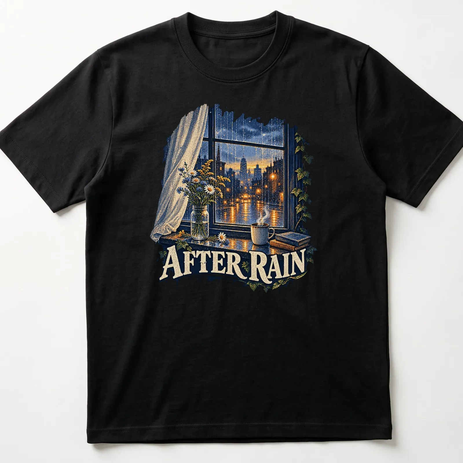 Illustration of a cozy window with flowers and coffee captioned 'After Rain' in soft colors — printed on a unisex t-shirt