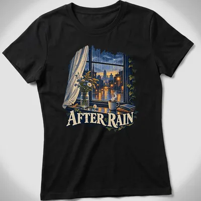 Illustration of a cozy window with flowers and coffee captioned 'After Rain' in soft colors — printed on a women's shirt