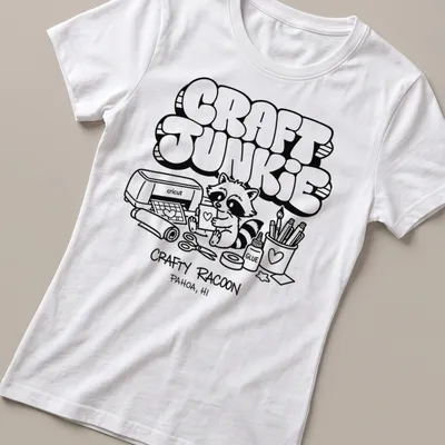 Cartoon raccoon graphic with text 'CRAFT JUNKIE CRAFTY RACOON PAHOA, HI' in black and white — printed on a women's shirt