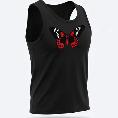 Cartoon style Crimson Rose Butterfly in black, red, and white colors — printed on a tank top