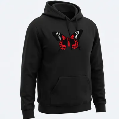 Cartoon style Crimson Rose Butterfly in black, red, and white colors — printed on a unisex hoodie