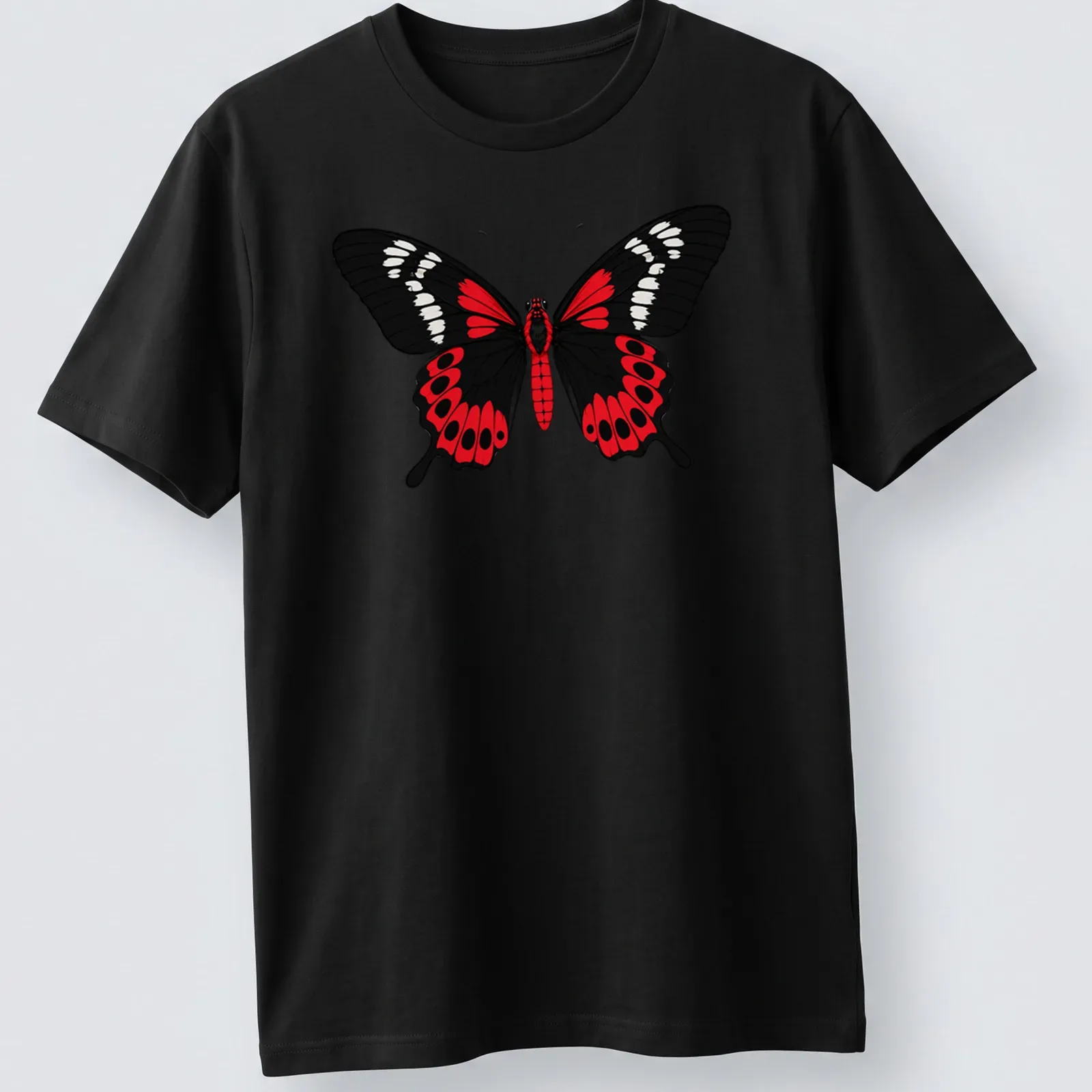 Cartoon style Crimson Rose Butterfly in black, red, and white colors — printed on a unisex t-shirt