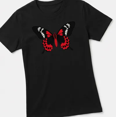 Cartoon style Crimson Rose Butterfly in black, red, and white colors — printed on a women's shirt