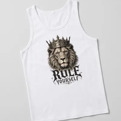 Vintage illustration of a crowned lion with the text 'RULE YOURSELF' in gold and black — printed on a tank top