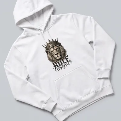 Vintage illustration of a crowned lion with the text 'RULE YOURSELF' in gold and black — printed on a unisex hoodie
