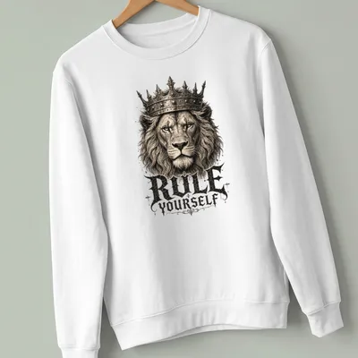 Vintage illustration of a crowned lion with the text 'RULE YOURSELF' in gold and black — printed on a unisex sweatshirt