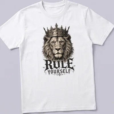 Vintage illustration of a crowned lion with the text 'RULE YOURSELF' in gold and black