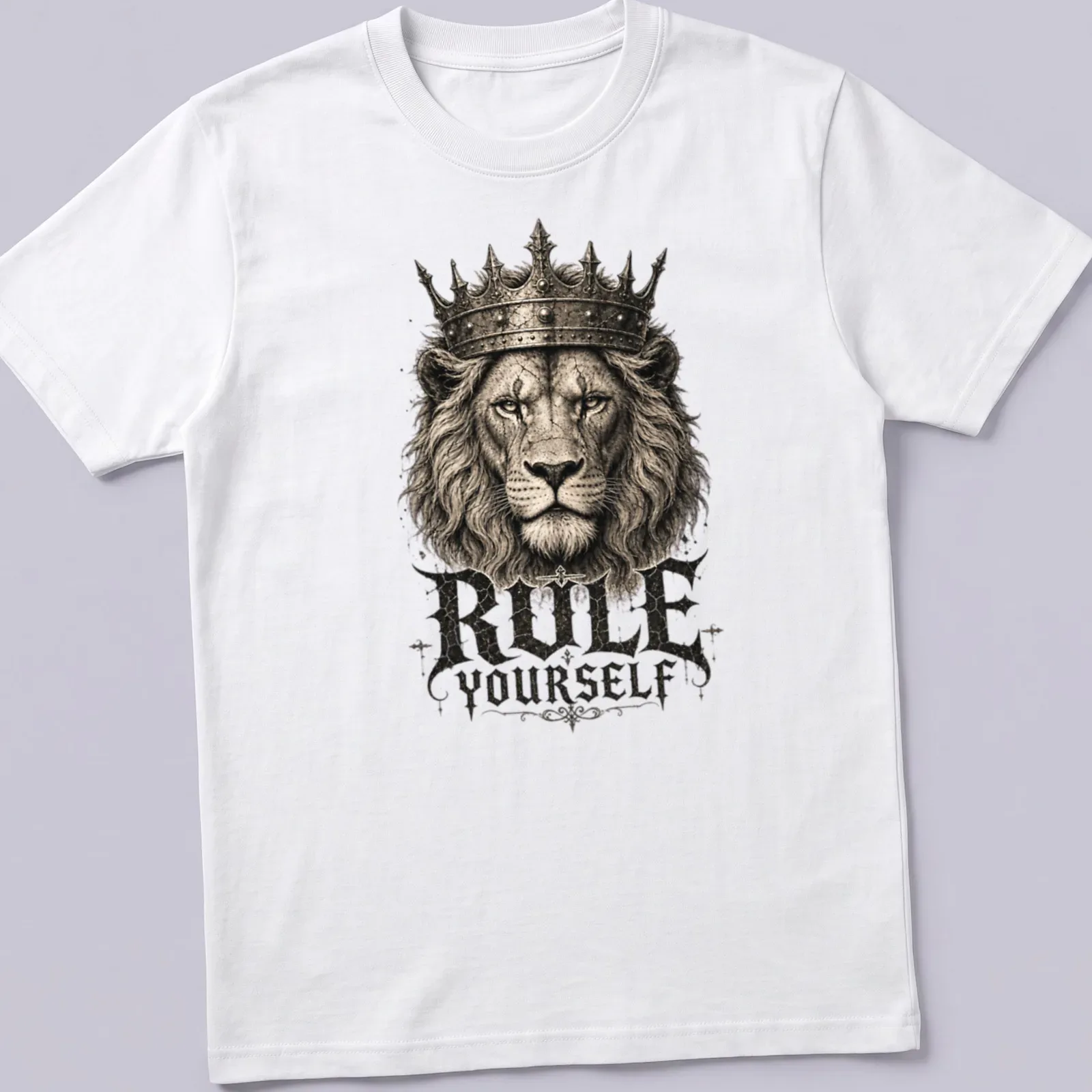 Vintage illustration of a crowned lion with the text 'RULE YOURSELF' in gold and black — printed on a unisex t-shirt