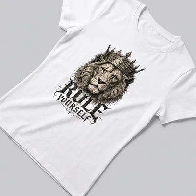 Vintage illustration of a crowned lion with the text 'RULE YOURSELF' in gold and black — printed on a women's shirt