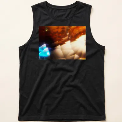 Abstract illustration of a crystalline prism with amber and blue pyramids — printed on a tank top