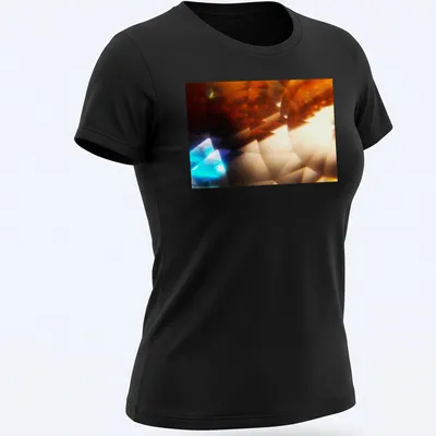 Abstract illustration of a crystalline prism with amber and blue pyramids — printed on a women's shirt