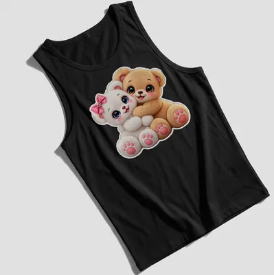 Kawaii teddy bear couple design in tan, white, pink, and blue — printed on a tank top