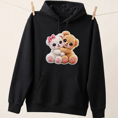 Kawaii teddy bear couple design in tan, white, pink, and blue — printed on a unisex hoodie
