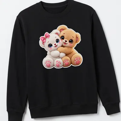 Kawaii teddy bear couple design in tan, white, pink, and blue — printed on a unisex sweatshirt