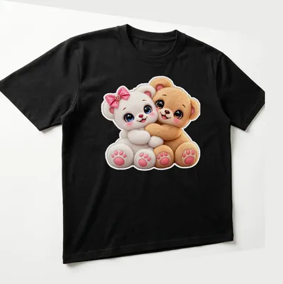 Kawaii teddy bear couple design in tan, white, pink, and blue — printed on a unisex t-shirt (angled view)