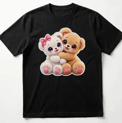 Kawaii teddy bear couple design in tan, white, pink, and blue — printed on a unisex t-shirt