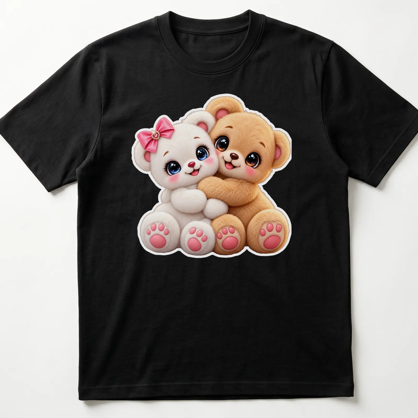 Kawaii teddy bear couple design in tan, white, pink, and blue — printed on a unisex t-shirt