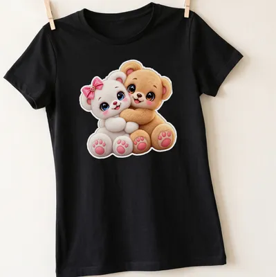 Kawaii teddy bear couple design in tan, white, pink, and blue — printed on a women's shirt