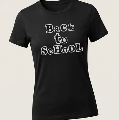 Black and white cut paper collage typography t-shirt featuring 'Back to School' text. — printed on a women's shirt