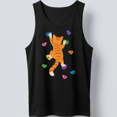 Kawaii-style orange tabby cat rock climbing illustration with vibrant colors — printed on a tank top