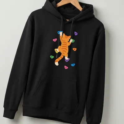 Kawaii-style orange tabby cat rock climbing illustration with vibrant colors — printed on a unisex hoodie