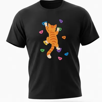Kawaii-style orange tabby cat rock climbing illustration with vibrant colors