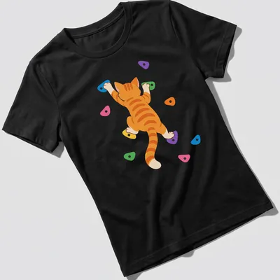 Kawaii-style orange tabby cat rock climbing illustration with vibrant colors — printed on a women's shirt