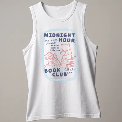 Kawaii style design of cute cats reading books in pastel colors — printed on a tank top