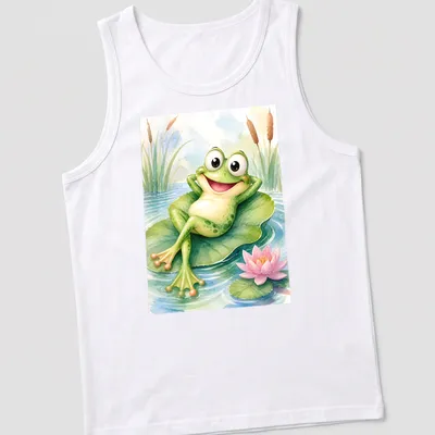 Watercolor design of a cute frog relaxing on a lily pad. — printed on a tank top
