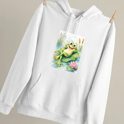 Watercolor design of a cute frog relaxing on a lily pad. — printed on a unisex hoodie