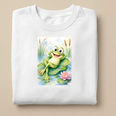 Watercolor design of a cute frog relaxing on a lily pad. — printed on a unisex sweatshirt