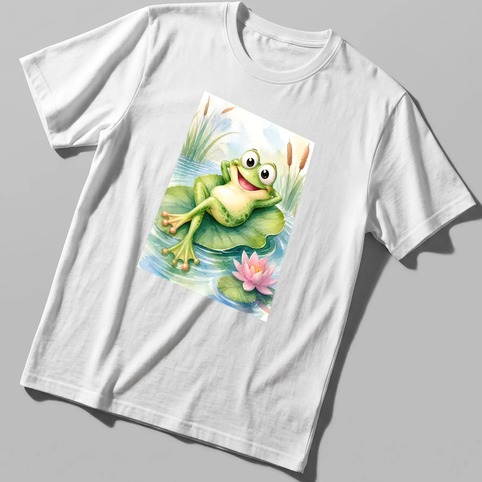 Watercolor design of a cute frog relaxing on a lily pad. — printed on a unisex t-shirt