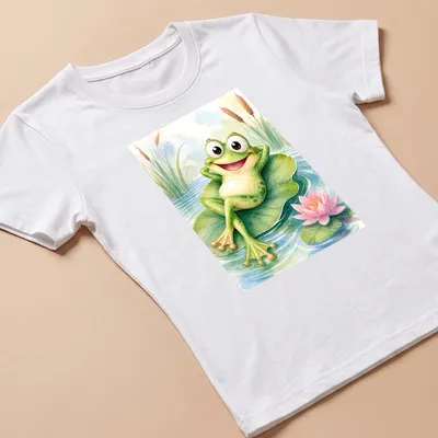 Watercolor design of a cute frog relaxing on a lily pad. — printed on a women's shirt