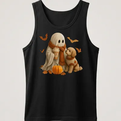 Realistic illustration of a cute ghost and doodle dog with Pumpkin Spice Latte — printed on a tank top