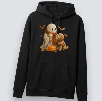 Realistic illustration of a cute ghost and doodle dog with Pumpkin Spice Latte — printed on a unisex hoodie